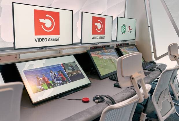 Scenes of a DFL Bundesliga football match on the monitors of the redesigned and expanded Video Assist Center VAC at the Cologne Broadcasting Center in Cologne together with the video operators in Cologne, August 05, 2019, Season 2019 2020. Photographer: Rene Schiffer Peter Schatz Photography