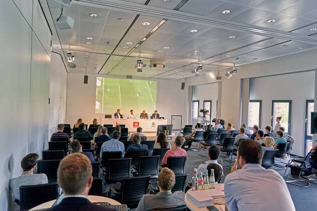 Simon Rolfes, Ansgar Schwenken, Dr. Jochen Drees, Lutz Michael Fröhlich, Stefan Brause in a DFL Media Workshop to present the redesigned and expanded Video Assist Center VAC at the Cologne Broadcasting Center in Cologne, August 05, 2019, Season 2019 2020. Photographer: Rene Schiffer Peter Schatz Photography