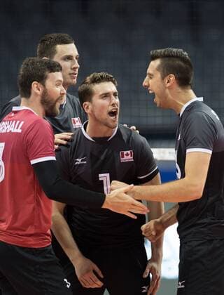 (190809) -- NINGBO, Aug. 9, 2019 -- Players of Canada celebrate during the men s Pool F match between Argentina and Canada at the 2019 FIVB Tokyo Volleyball Qualification in Ningbo, east China s Zhejiang Province, Aug. 9, 2019. ) (SP)CHINA-NINGBO-FIVB-TOKYO VOLLEYBALL QUALIFICATION-CAN VS ARG(CN) WengxXinyang 