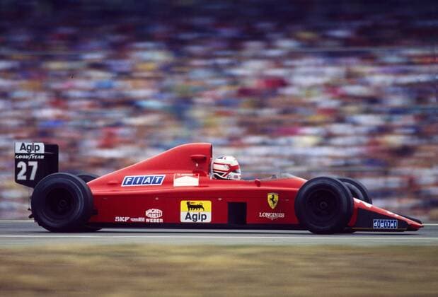 Nigel Mansell in a Ferrari 640 3 5V12 on the Hockenheimring at the German Grand Prix 1989 Mansell was behind Senna and Prost in this race.