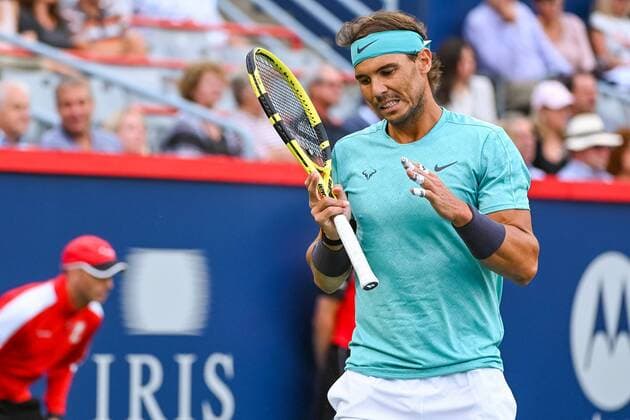 MONTREAL, QC - AUGUST 09: Rafael Nadal (ESP) shows frustration after missing a play during the ATP, Tennis Herren Coupe Rogers quarterfinal match on August 9, 2019 at IGA Stadium in Montreal, QC (Photo by David Kirouac Icon Sportswire) TENNIS: AUG 09 Coupe Rogers Icon190809112