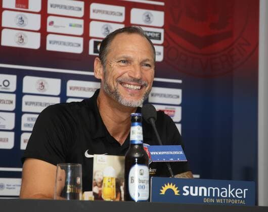 Regionalliga West, season 2019 2020, 3 matchday, Wuppertaler SV Borussia Dortmund II a good-humoured Andreas Zimmermann Wuppertaler SV at the press conference