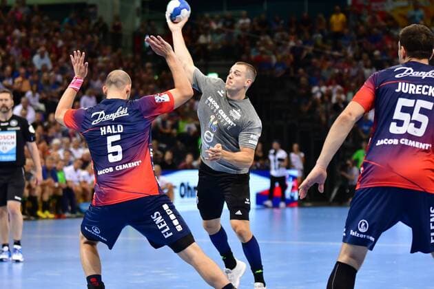 SG Flensburg Handewitt vs. Tobias Karlsson AllStar Team, Jacob Cement Cup 2019, Flensburg 10 08 19 Kentin Mahe Tobias Karlsson AllStar Team, 14 , Simon Hald SG Flensburg Handewitt, 05 Copyright: xBEAUTIFULxSPORTS MarioxM.xKobergx