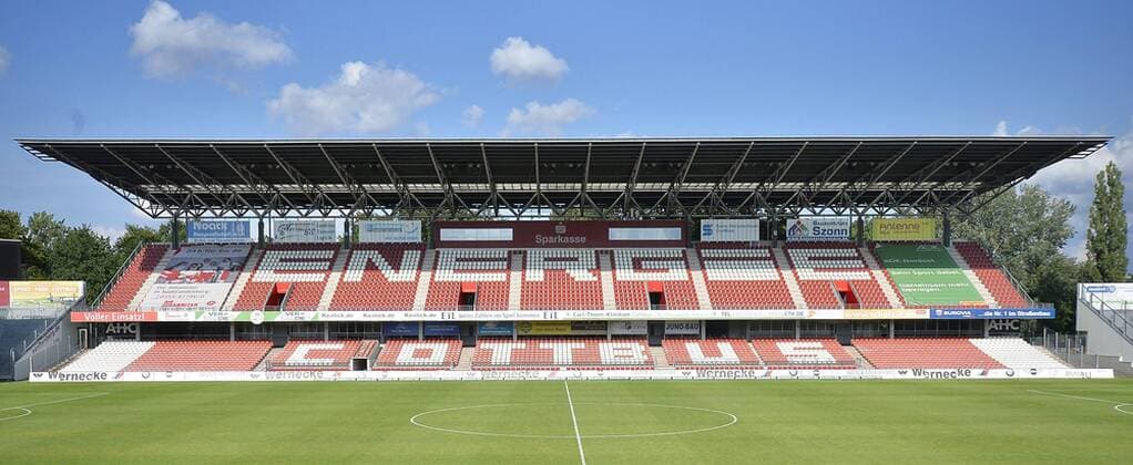 Football Regionalliga Nordost 2019 2020, 3 matchday, FC Energie Cottbus FC Rot Weiß Erfurt 04 08 2019 View of the main stand in the stadium at the Freundschaft in with the stroke Energie Cottbus after the match Cottbus vs Erfurt 04 08 2019 Cottbus Brandenburg Deutschland Stadion der Freundschaft