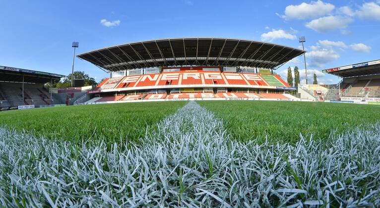 Football Regionalliga Nordost 2019 2020, 3 match days, FC Energie Cottbus FC Rot Weiß Erfurt 04 08 2019 View of the main stand in the stadium at the friendship level at the grass hub with side line in wide angle optics with the stroke Energie Cottbus after the match Cottbus against Erfurt 04 08 2019 Cottbus Brandenburg Germany Stadium of Friendship