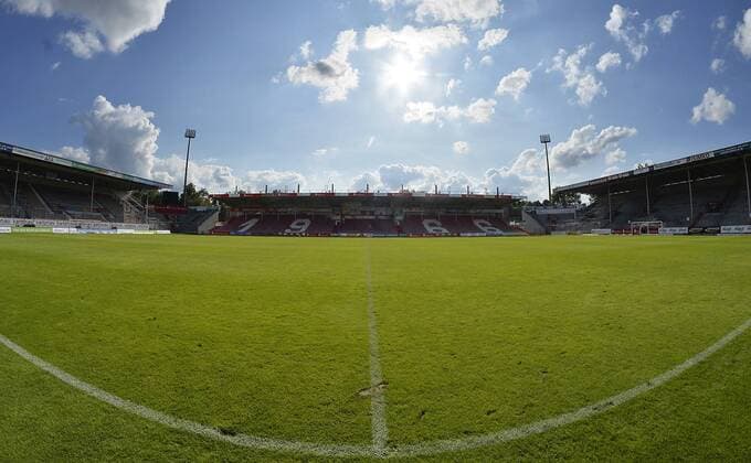 Football Regionalliga Nordost 2019 2020, 3 match days, FC Energie Cottbus FC Rot Weiß Erfurt 04 08 2019 View of the main stand in the stadium at the friendship level at the grass hub with side line in wide angle optics with the lettering 1966 after the game Cottbus vs Erfurt 04 08 2019 Cottbus Brandenburg Germany Stadium of Friendship