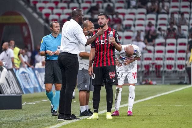 Patrick Vieira (entraineur de l OGC Nice) - Mickael Le Bihan (OGC Nice) FOOTBALL : OGC Nice vs Amiens SC - Nice - 10 08 2019 NorbertScanella PanoramiC 