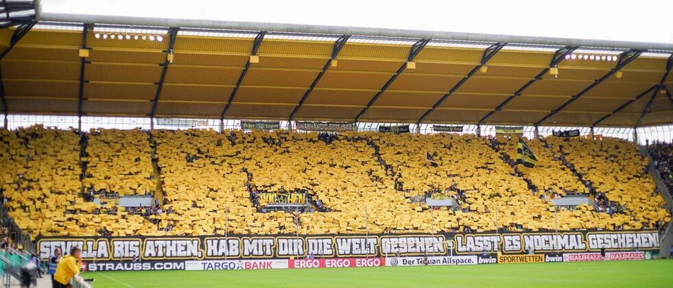 Choreography of the Aachen fans on the filled tribune stage, football DfB Cup 1 round season 2019 2020 Alemannia Aachen vs. Bayer 04 Leverkusen, Aachen, Tivoli, 10 08 2019, DFB regulations prohibit any use of photographs as image sequences and or quasi video Aachen Tivoli Nordrhein Westfalen Germany