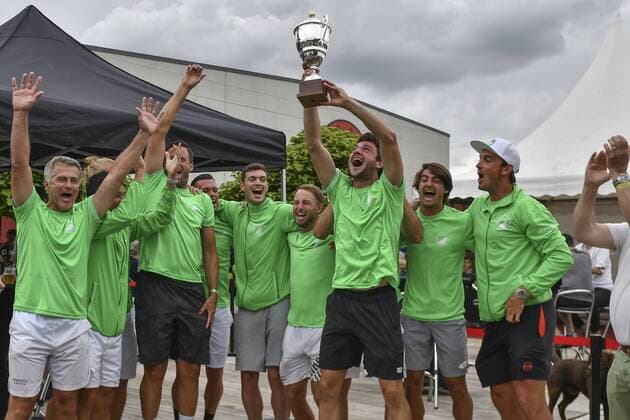 GER, Tennis Point Bundesliga, 1BL, Badwerk Gladbacher HTC 1 vs. TK GW Mannheim 1 11 08 2019, An den Holter Sportstätten, Moenchengladbach, GER, Tennis Point Bundesliga, 1BL, Badwerk Gladbacher HTC 1 vs. TK GW Mannheim 1, in the picture the team of Mannheim Jubel Freude Emotion becomes German Champion 2019 nph Mauelshagen nph00321
