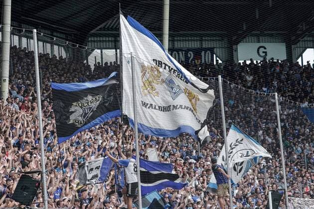 The Ultras of SV Waldhof Mannheim SVWM , Fankurve, Otto Siffling Grandstand, OST, Fans, Audience, Spectators, Mood, Atmosphere, Stadium, 11 08 2019, Mannheim Germany , Soccer, DFB Cup, SV Waldhof Mannheim SG Eintracht Frankfurt, DFB DFL REGULATIONS PROHIBIT ANY USE OF PHOTOGRAPHS AS IMAGE SEQUENCES AND OR QUASI VIDEO xozx