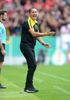 Soccer, Bundesliga, Germany, Men, Season 2019 2020, DFB Cup, 1 Round, Stadium Tivoli Aachen, Alemannia Aachen black Bayer Leverkusen red 1 4 Head Coach Fuat Kilic Aachen Action, single picture