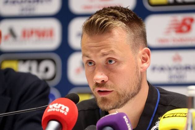 Fußball, CL-Quali, FC Brügge Pressekonferenz Club s goalkeeper Simon Mignolet pictured during a press conference, PK, Pressekonferenz of Belgian soccer team Club Brugge, Monday 12 August 2019 in Kyiv, Ukraine, in preparation of Tomorrow s return match against Ukrainian club Dynamo Kyiv in the third qualifying round of the UEFA Champions League. BRUNOxFAHY  x05642532x