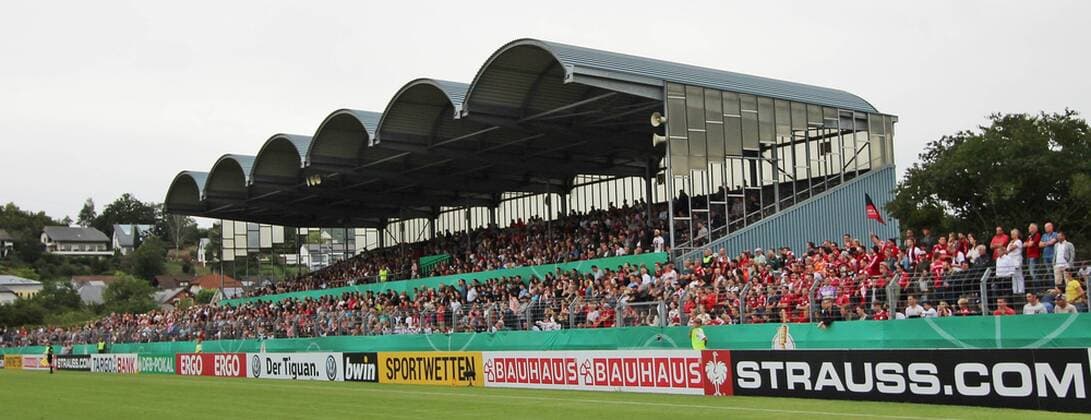 11 08 2019, xmohx, Football DFB Cup 1 round, FSV Salmrohr Holstein Kiel emspor, v l View of the grandstand in the Salmtal Stadium DFL DFB REGULATIONS PROHIBIT ANY USE OF PHOTOGRAPHS as IMAGE SEQUENCES and or QUASI VIDEO Salmrrohr