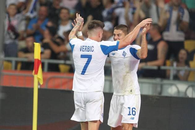 Dynamo s Benjamin Verbic (L) celebrates with a teammate after scoring during a soccer game between Ukrainian club Dynamo Kyiv and Belgian team Club Brugge KV, Tuesday 13 August 2019 in Kyiv, Ukraine, the return match in the third qualifying round of the UEFA Champions League. Club won the first leg 1-0. BRUNOxFAHY  x05642849x