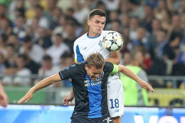 Club s Ruud Vormer and Dynamo s Oleksandr Andriyevskyi fight for the ball during a soccer game between Ukrainian club Dynamo Kyiv and Belgian team Club Brugge KV, Tuesday 13 August 2019 in Kyiv, Ukraine, the return match in the third qualifying round of the UEFA Champions League. Club won the first leg 1-0. BRUNOxFAHY  x05642858x