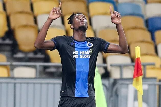 Club s Simon Deli celebrates after scoring during a soccer game between Ukrainian club Dynamo Kyiv and Belgian team Club Brugge KV, Tuesday 13 August 2019 in Kyiv, Ukraine, the return match in the third qualifying round of the UEFA Champions League. Club won the first leg 1-0. BRUNOxFAHY  x05642863x