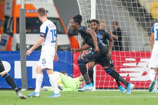 Club s Simon Deli (C) celebrates after scoring during a soccer game between Ukrainian club Dynamo Kyiv and Belgian team Club Brugge KV, Tuesday 13 August 2019 in Kyiv, Ukraine, the return match in the third qualifying round of the UEFA Champions League. Club won the first leg 1-0. BRUNOxFAHY  x05642867x