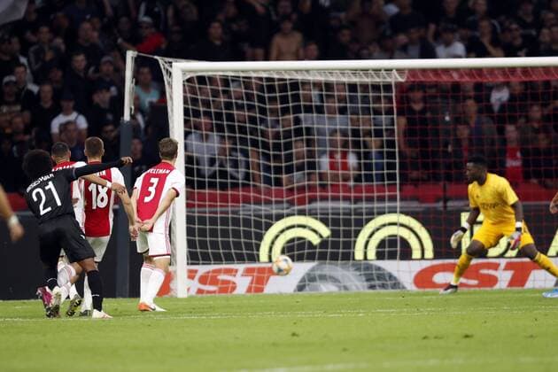 (l-r) Diego Biseswar of PAOK FC, Razvan Marin of Ajax, Joel Veltman of Ajax , Ajax goalkeeper Andre Onana during the UEFA Champions League third round qualifying second leg match between Ajax Amsterdam and PAOK FC at the Johan Cruijff Arena on August 13, 2019 in Amsterdam, The Netherlands UEFA Champions League 2019 2020 xVIxVIxImagesx xMauricexvanxSteenxIVx 200941495