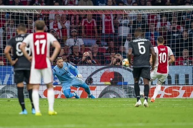 AMSTERDAM, Netherlands, 13-08-2019, football, Johan Cruijff ArenA, Champions League third qualifying round, season 2019-2020, Ajax player Dusan Tadic scores the 1-1, during the match Ajax - PAOK, Ajax - PAOK  x4105398x Copyright: