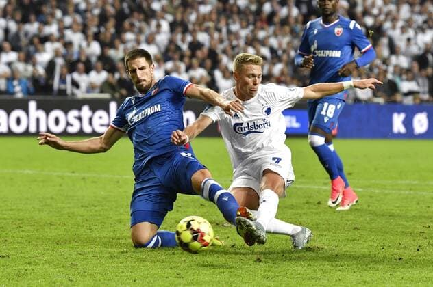 Viktor Fischer, FC Copenhagen 7 and Milos Degenek, Roede Sterne 8 fight for the ball in the Champions League qualifying match between FC Koebenhavn and Roede Stjerne in the Park in Copenhagen on Tuesday, August 13, 2019, Denmark,  Copyright: AndersxKjaerbye xRitzauxScanpixx COP101 spdk20190813-213943-L