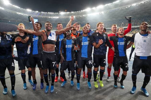 Club s players celebrate after winning a soccer game between Ukrainian club Dynamo Kyiv and Belgian team Club Brugge KV, Tuesday 13 August 2019 in Kyiv, Ukraine, the return match in the third qualifying round of the UEFA Champions League. Club won the first leg 1-0. BRUNOxFAHY  x05642899x