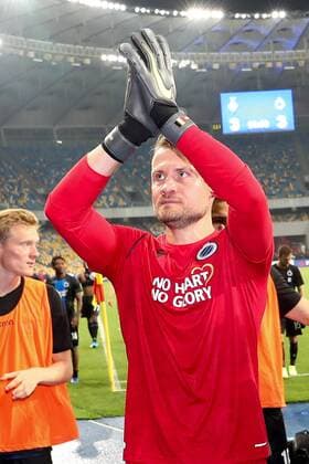 Club s goalkeeper Simon Mignolet celebrates after a soccer game between Ukrainian club Dynamo Kyiv and Belgian team Club Brugge KV, Tuesday 13 August 2019 in Kyiv, Ukraine, the return match in the third qualifying round of the UEFA Champions League. Club won the first leg 1-0. BRUNOxFAHY  x05642904x