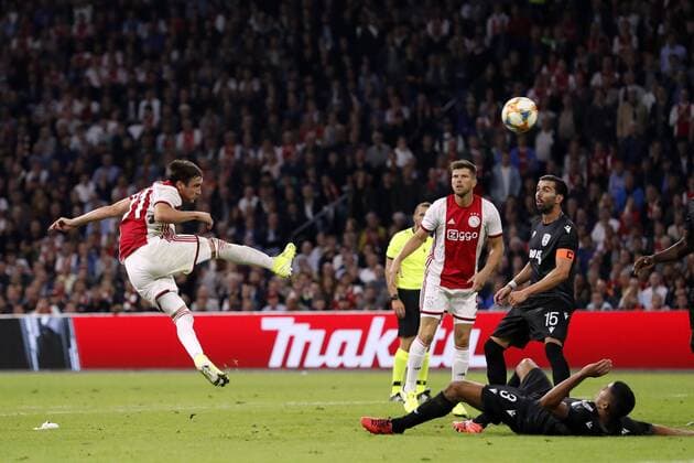(l-r) Nico Tagliafico of Ajax, Klaas Jan Huntelaar of Ajax, Jose Angel Crespo of PAOK FC during the UEFA Champions League third round qualifying second leg match between Ajax Amsterdam and PAOK FC at the Johan Cruijff Arena on August 13, 2019 in Amsterdam, The Netherlands UEFA Champions League 2019 2020 xVIxVIxImagesx xMauricexvanxSteenxIVx 200943267