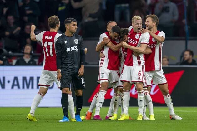 AMSTERDAM, Netherlands, 13-08-2019, football, Johan Cruijff ArenA, Champions League third qualifying round, season 2019-2020, Ajax player Nico Tagliafico celebrating the goal, during the match Ajax - PAOK, Ajax - PAOK  x4105820x Copyright: