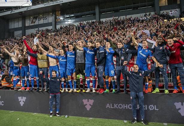 The players from Roede Stjerne celebrate victory after the match in the Champions League qualifier between FC Koebenhavn and Roede Stjerne in the Park on Tuesday, August 13, 2019, Copenhagen Denmark,  Copyright: AndersxKjaerbyex-xRitzauxScanpix AndersxKjaerbyex COP101 spdk20190813-231628-L