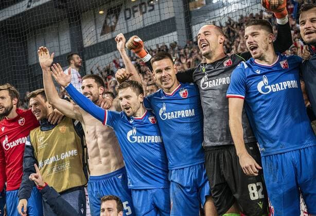 Marko Marin 10, Red Star, Marko Gobeljic 77, Red Star and Milan Borjan 82, Red Star, celebrate victory after the match in the Champions League qualifier between FC Koebenhavn and Red Star in the Park on Tuesday, August 13, 2019, Copenhagen Denmark,  Copyright: AndersxKjaerbyex-xRitzauxScanpix AndersxKjaerbyex COP101 spdk20190813-231636-L