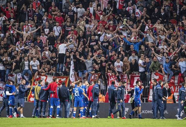The fans of Roede Stjerne celebrate victory after the match in the Champions League qualifier between FC Koebenhavn and Roede Stjerne in the Park on Tuesday, August 13, 2019, Copenhagen Denmark,  Copyright: AndersxKjaerbyex-xRitzauxScanpix AndersxKjaerbyex COP101 spdk20190813-233917-L