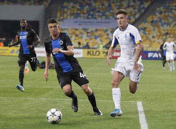 August 13, 2019, Kiev, Ukraine: BRANDON MECHELE of Brugge (L) vies for the ball with BENJAMIN VERBIC of Dynamo Kyiv (R) during the UEFA Champions League third qualifying round second leg football match between FC Dynamo Kyiv and Club Brugge KV, at the Olimpiyskiy stadium, in Kiev, Ukraine, 13 August 2019. Brugge vs Dynamo Kyiv UEFA Champions League qualifying round - ZUMAg194 20190813_zap_g194_017 Copyright: xSergxGlovnyx