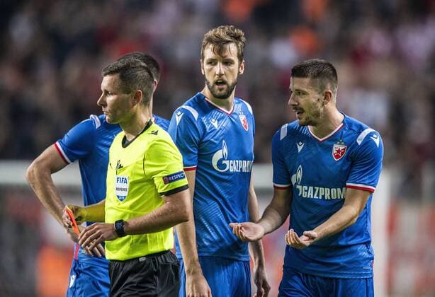 Nemanja Milunovic, received the red card of Judge Gediminas Mazeika during the match in the Champions League qualifier between FC Copenhagen and Red Star in the Park on Tuesday, August 13, 2019, Copenhagen Denmark,  Copyright: AndersxKjaerbyex-xRitzauxScanpix AndersxKjaerbyex COP101 spdk20190814-000149-L