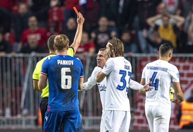Pep Biel 16, FC Copenhagen, receives the red card from referee Gediminas Mazeika during the match in the Champions League qualifier between FC Koebenhavn and Roede Stjerne i Parken on Tuesday 13 August 2019, Copenhagen Denmark,  Copyright: AndersxKjaerbyex-xRitzauxScanpix AndersxKjaerbyex COP101 spdk20190814-000214-L