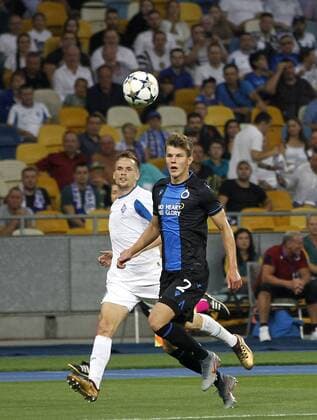 August 13, 2019, Kiev, Ukraine: EDUARD SOBOL of Brugge (R) vies for the ball with TOMASZ KEDZIORA of Dynamo Kyiv (L) during the UEFA Champions League third qualifying round second leg football match between FC Dynamo Kyiv and Club Brugge KV, at the Olimpiyskiy stadium, in Kiev, Ukraine, 13 August 2019. Brugge vs Dynamo Kyiv UEFA Champions League qualifying round - ZUMAg194 20190813_zap_g194_025 Copyright: xSergxGlovnyx