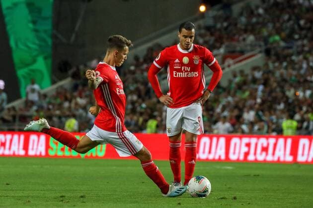 Faro, Portugal Alejandro Grimaldo S L Benfica and Raul de Tomas S L Benfica during the Portugal s Candido de Oliveira Super Cup final football match between Sport Lisboa Benfica and Sporting Clube Portugal at the Algarve stadium in Faro on August 4, 2019 Photo by Joaquim Ferreira Photo Kiko Copyright: JoaquimxFerreira