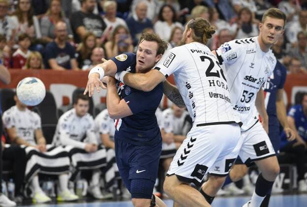 Sander Sagosen PSG Handball vs. Pavel Horak THW Kiel , Handball, Men, REWE Cup, International Test Game, THW Kiel vs. Paris St Germain, 14 08 19 Kiel Sparkassen Arena Schleswig Holstein Germany