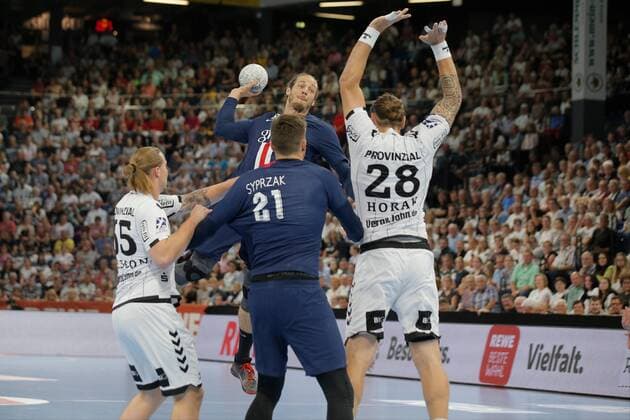 Handball Rewe Cup THW Kiel Paris Saint Germain, Kiel, 14 8 2019 Kim Ekdahl Du Rietz Paris, 60 in jump shot against Pavel Horak Kiel, 28 Copyright: xBEAUTIFULxSPORTS DRPx
