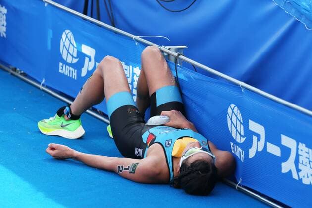 Belgian Claire Michel is exhausted after the women s race of the Tokyo triathlon event, Thursday 15 August 2019 in Japan, serving as a test for the 2020 olympics. THIERRYxDEKETELAERE  x05643445x