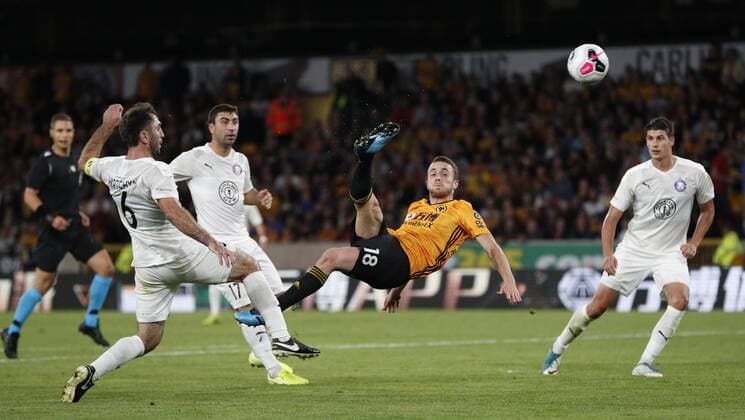 Wolverhampton Wanderers Diogo Jota scores against Pyunik during the UEFA Europa League match at Molineux, Wolverhampton. Picture date: 15th August 2019. Picture credit should read: Darren Staples Sportimage EDITORIAL USE ONLY. No use with unauthorised audio, video, data, fixture lists, club league logos or live services. Online in-match use limited to 120 images, no video emulation. No use in betting, games or single club league player publications. SPI-0148-0031