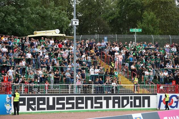 Saturday 10 08 2019, season 2019 20, preparation of BVB for the first round in the 1 Soccer Bundesliga, test match in the Prussia Stadium, SC Prussia Münster BVB 09 Borussia Dortmund, writing Prussia Stadium in the Prussia Fan Curve