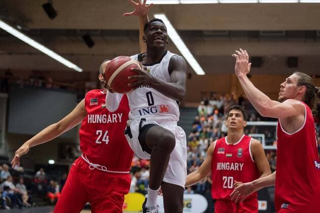 Basketball Hamburg 16 08 2019 German Basketball Bund DBB National Team Men Men Preparation game for World Cup 2019 Supercup Germany GER Hungary HUN Isaac Bonga Germany, No 00 Kemal Karahodzic Hungary, No 24 Zoltan Perl Hungary, No 20 Akos Keller Hungary, No 06 re