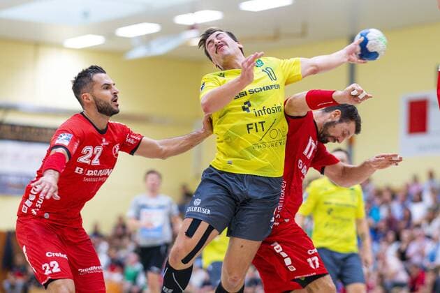 Rodgau, Germany 17 August 2019 DHB Cup 19 20 MT Melsungen vs DjK Rimpar Wölfe v left Michael Allendorf Melsungen , Lukas Boehm Rimpar , Felix Danner Melsungen Rodgau Germany