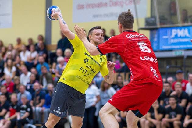 Rodgau, Germany 17 August 2019 DHB Cup 19 20 MT Melsungen vs DjK Rimpar Wolves Patrick Schmidt Rimpar , Finn Lemke Melsungen Rodgau Germany