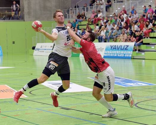 vl Holger Kreschtmer ELB vs. Sebastian Meinzer FUE DHB Cup, TuS Fuerstenfeldbruck HC Elbflorenz 2006, 17 08 2019 Pforzheim, Germany Copyright: xEibner-Pressefoto Ripbergerx EP_RIP