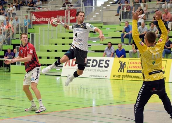 vl Gabor Pulay FUE , Julius Dierberg ELB and goalkeeper Michael Luderschmid FUE DHB Cup, TuS Fuerstenfeldbruck HC Elbflorenz 2006, 17 08 2019 Pforzheim Copyright: xEibner-Pressefoto Ripbergerx EP_RIP