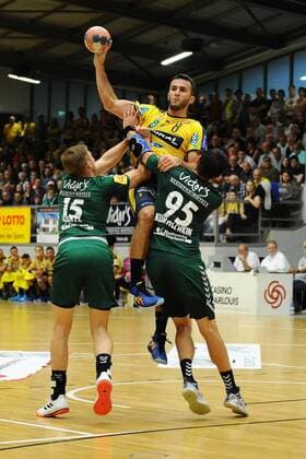 Romain Lagarde, Rhein Neckar Loewen 8, climbs up to the throw in the game Rhein Neckar Loewen vs. HG Saarlouis, DHB Cup, 1 round, first semi-final in the Final Four tournament in the Stadtgartenhalle Saarlouis, 17 08 19 Rhein Neckar Loewen vs. HG Saarlouis , 17 08 19, DHB Cup, Saarlouis Copyright: xEIBNER PeterxFranzx EP_PFZ