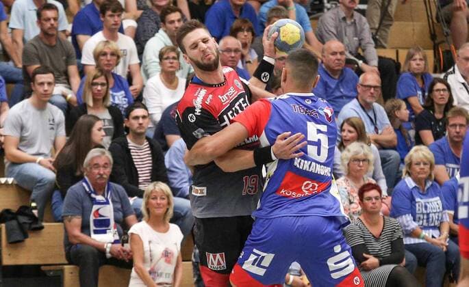 17 08 2019, xmgx, Handball DHB Cup, ThSV Eisenac HC Erlangen II v l Sime Ivic Erlangen Jonas Bogatzki Eisenach Hanau Hessen Germany DEU