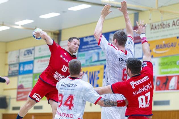 Rodgau, Germany 18 August 2019 DHB Cup 19 20 MT Melsungen vs SG BBM Bietigheim v left Michael Kraus SG BBM Bietigheim , Domagoj Pavlovic Melsungen , Finn Lemke Melsungen , Jonathan Fischer Bietigheim Rodgau Germany