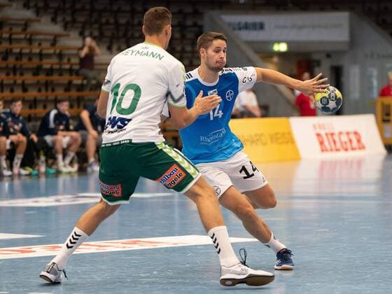 14 Ian Hüter TSV Bayer Dormagen against 10 Sebastian Heymann Frisch Auf Goeppingen , Frisch Auf Goeppingen vs. TSV Bayer Dormagen, DHB Cup, Handball, Men, 18 08 2019 Frisch Auf Goeppingen vs. TSV Bayer Dormagen, DHB Cup, Handball, Men, 18 08 2019 Goeppingen Copyright: xEIBNER Michael_Schmidtx EP_MST